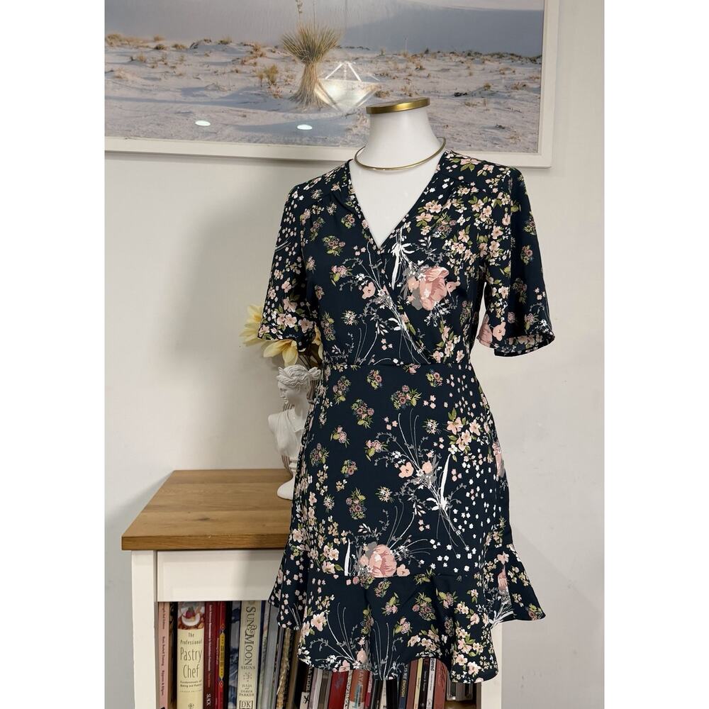 Band of Gypsies Floral‎ Wrap Dress XS Navy Blue Boho Mini Ruffle Hem NEW